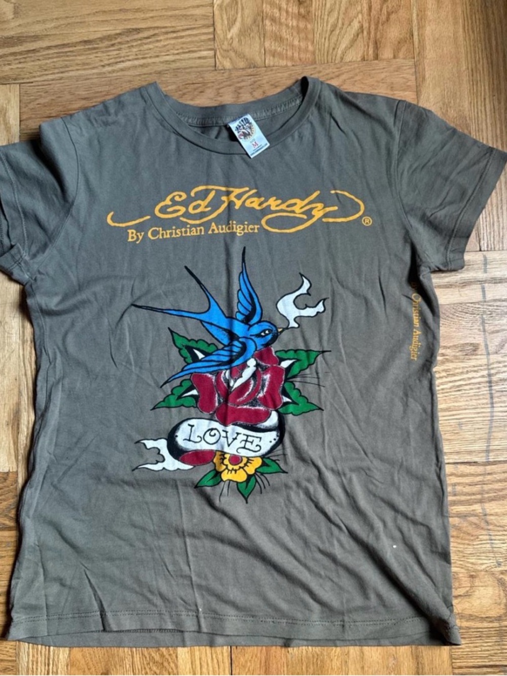 Ed Hardy Olive Green Crewneck Tee with Red Logo Tag